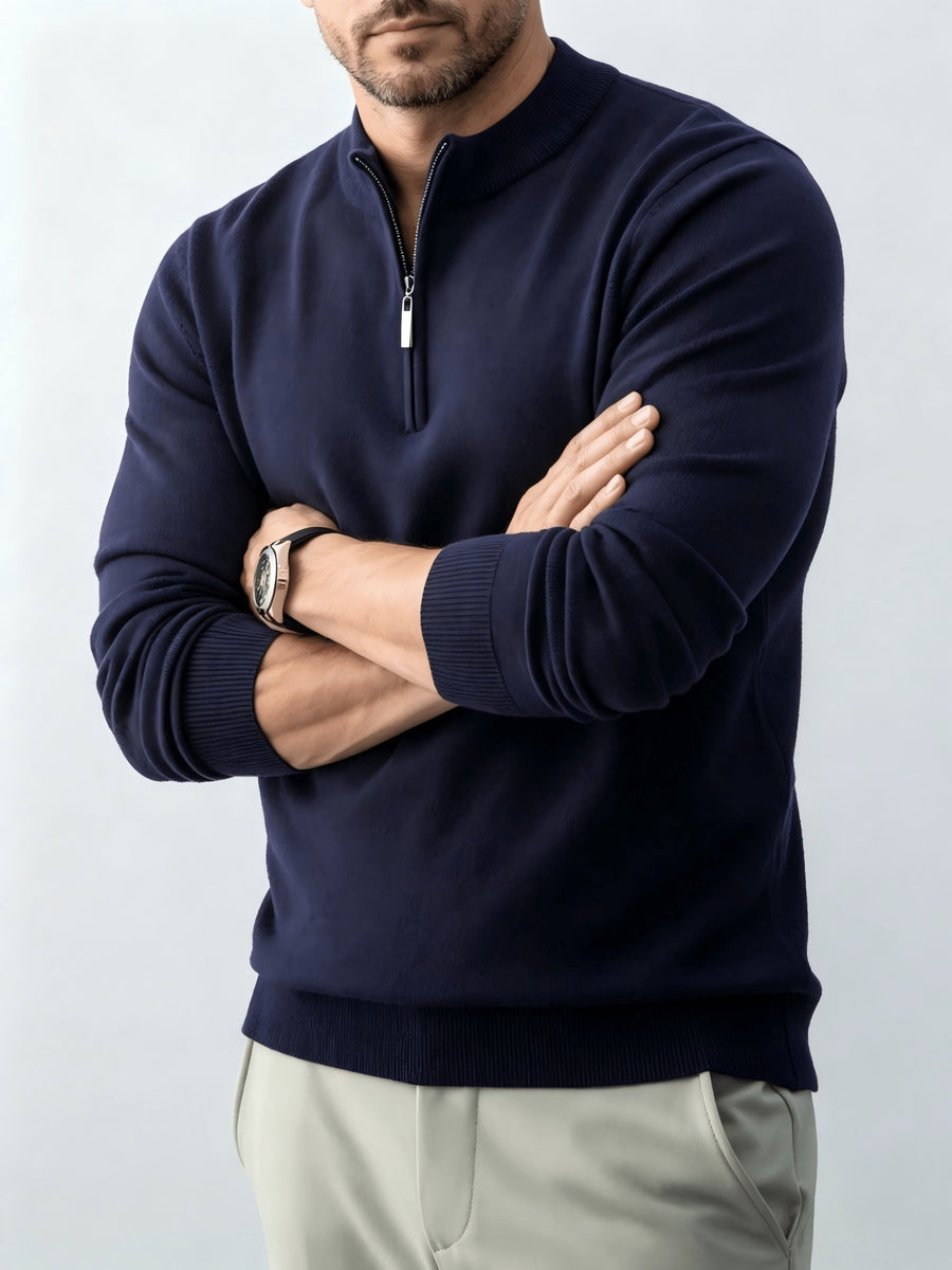 Fall Winter Men'S Half-Zipper Stand-Collar Knit Pullover, Classic Long Sleeve Fit for Casual Social Wear, Daily Commute, Light Business Meeting, Casual Gathering - Navy Color