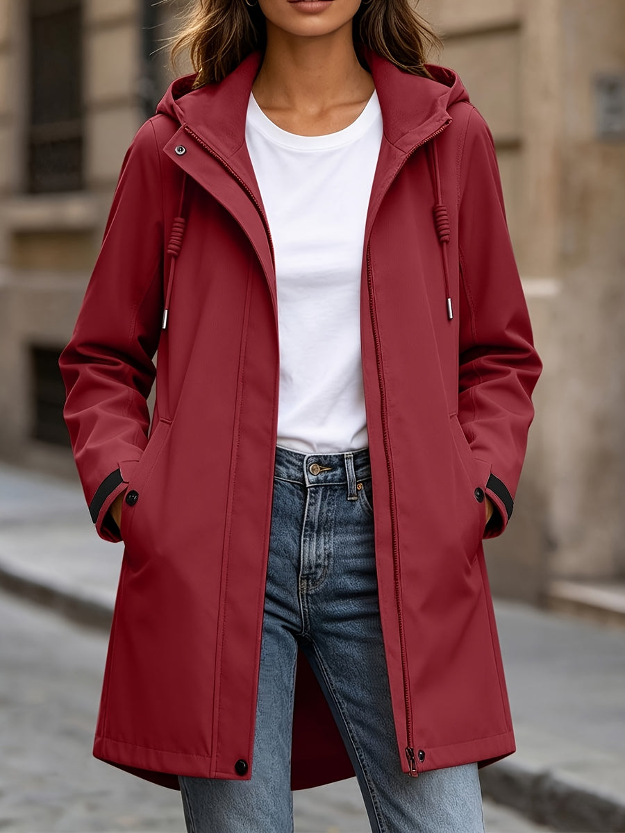 New Women'S Mid-Length Hooded Trench Coat, Spring Autumn Loose Casual Jacket Outdoor Drawstring Pocket Women'S Jacket Top - Deep Red