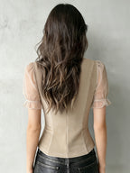 Development Bk260306052]Chic Velvet Sheer Sleeve Corset Top with Lace Trim Elegant Special - Linen