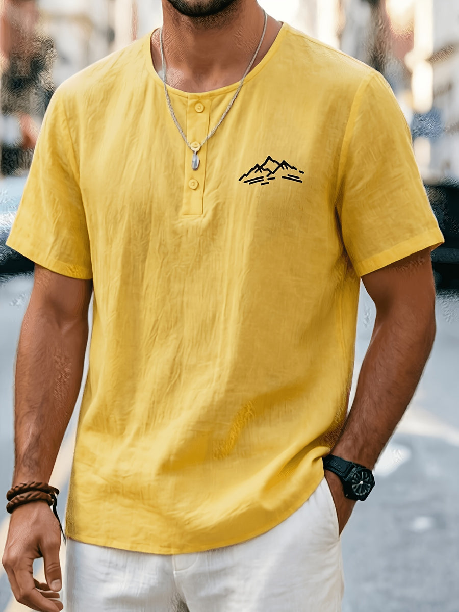 Men'S Summer -Linen Half-Zip Short Sleeve T-Shirt - Yellow