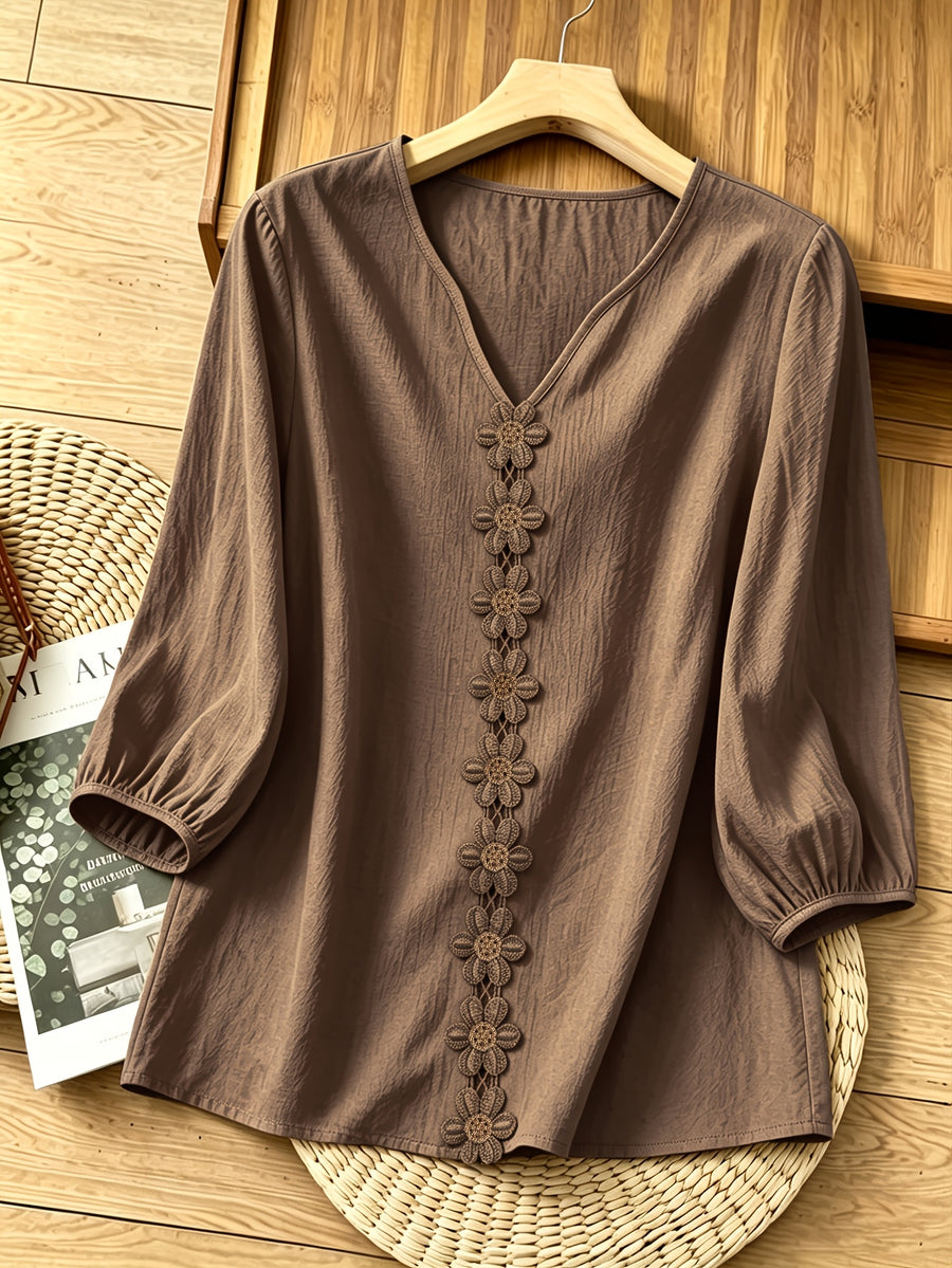 French-Style Gentle Textured Shirt with V-Neck, Lace Floral Design, Lantern Sleeves, Loose Fit, Relaxed Style, Versatile Daily Top - Dark Brown