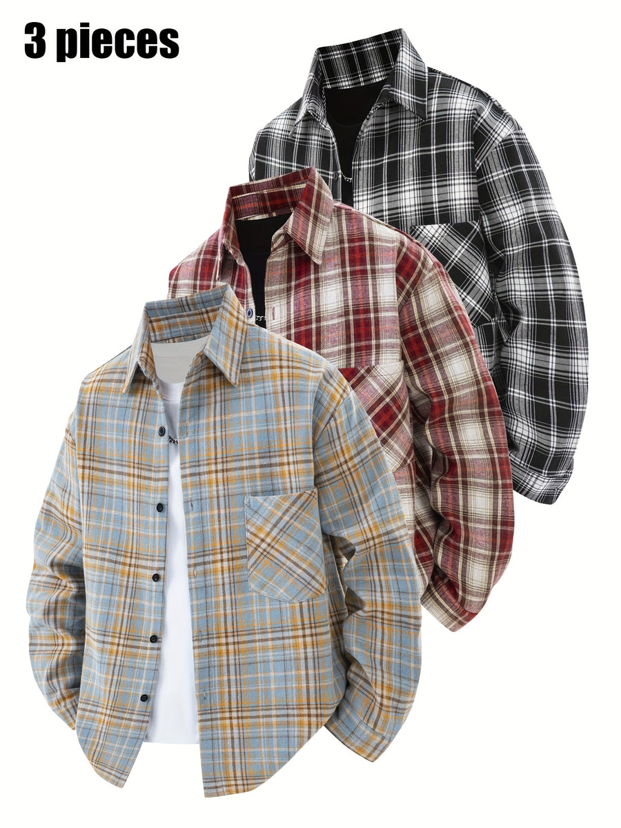 3pcs Set - Men'S Spring/Autumn Lapel Plaid Shirt Youth Outdoor Casual Trendy Top Men'S Fashion Versatile Jacket - Yellow+red+black