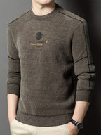 New Winter Men's Sweater, Crew Neck, Thickened and Warm, Men's Winter Clothing, Fashionable, Casual, and Comfortable Pullover Knitwear, Men's Winter -Lined Sweater, Men's Apparel with Letter Chest Logo, Winter Gift for Men - Dark Brown