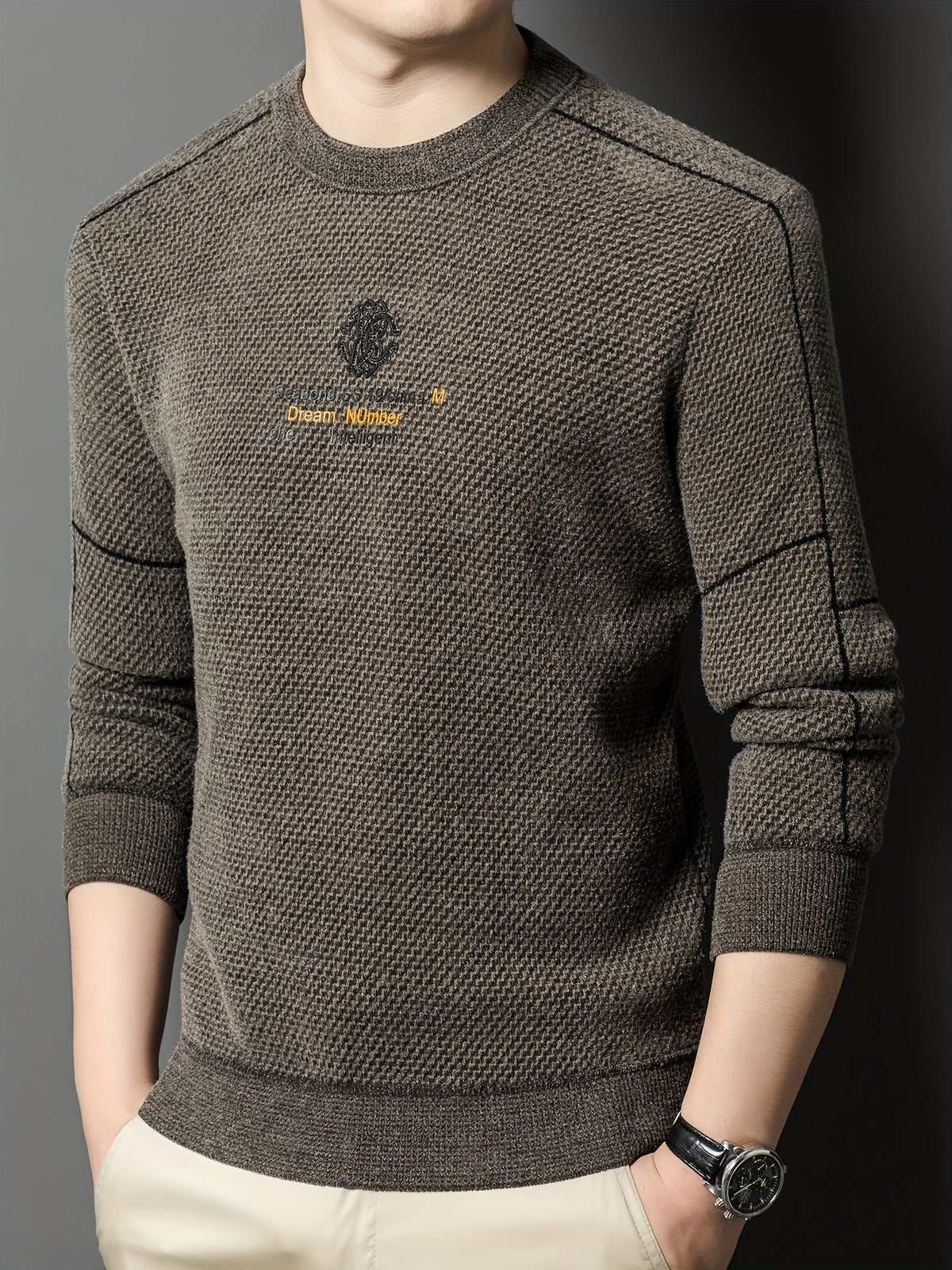 New Winter Men's Sweater, Crew Neck, Thickened and Warm, Men's Winter Clothing, Fashionable, Casual, and Comfortable Pullover Knitwear, Men's Winter -Lined Sweater, Men's Apparel with Letter Chest Logo, Winter Gift for Men - Dark Brown