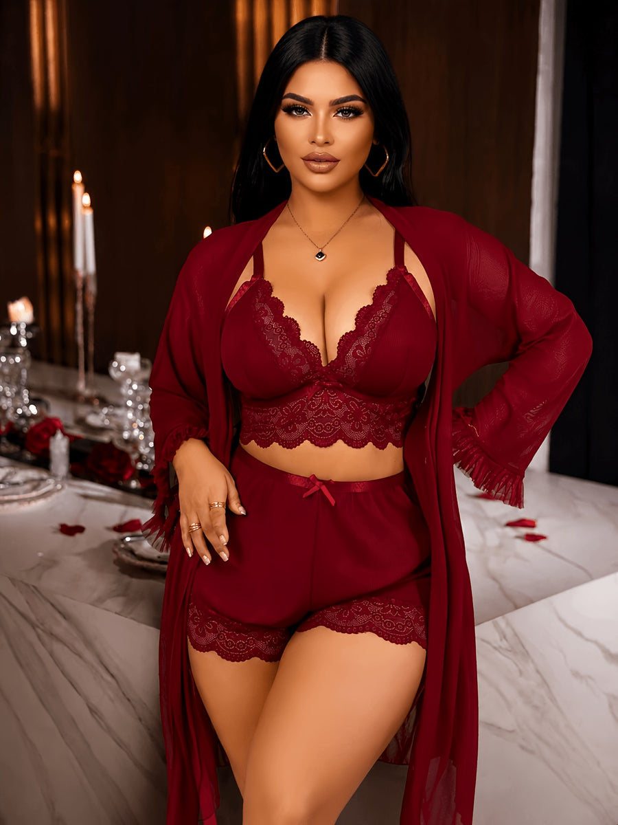 Plus Size Women's Sexy Lace Camisole Nightgown with Lace Trim, Floral Lace Long Sleeve Mesh 3pcs Set - Burgundy
