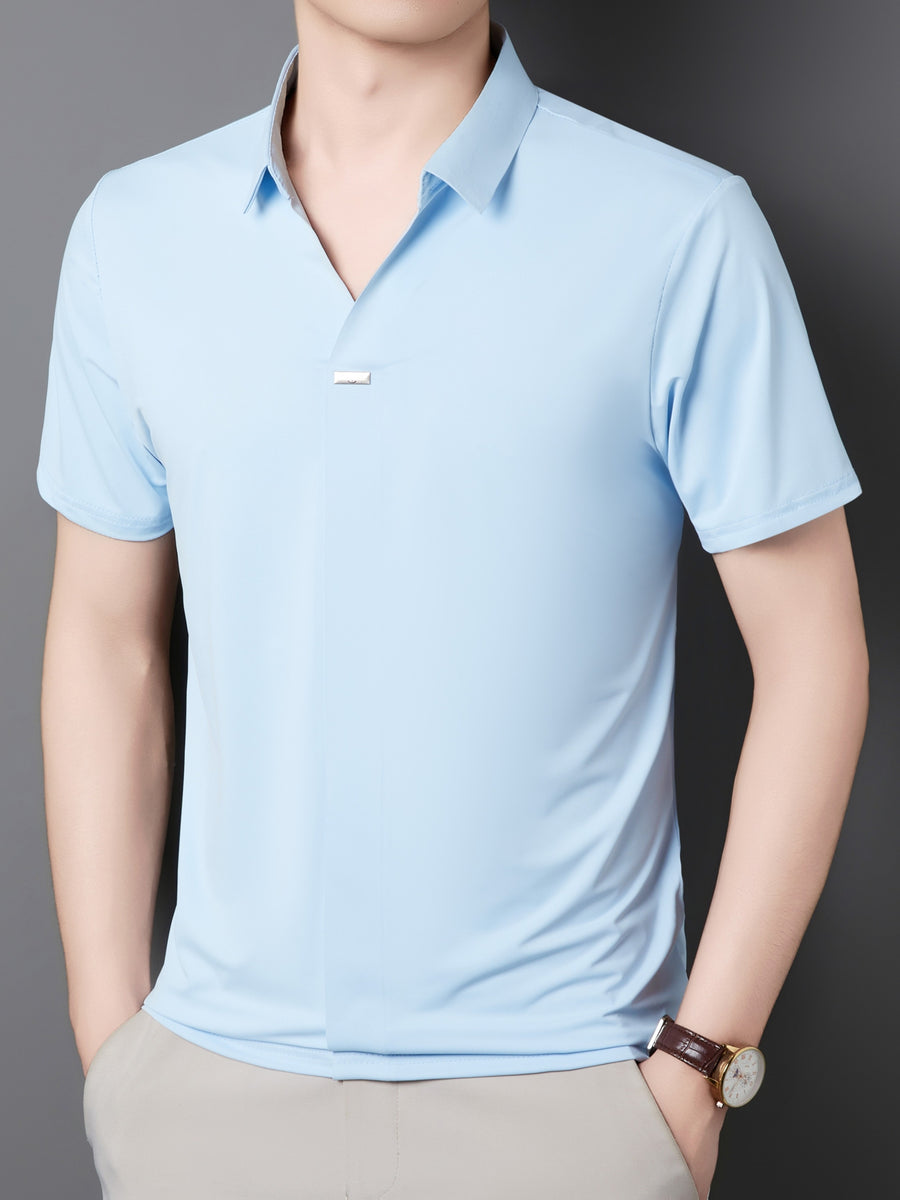 New Men's Seamless Short-Sleeve Shirt, Suitable for Business Casual Wear, Ideal for Both Work and Formal Occasions, Casual and Comfortable Style - Light Blue