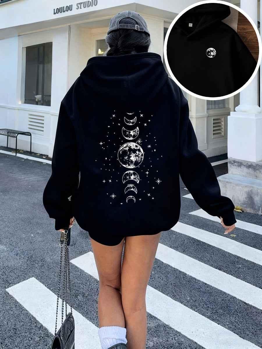 Women'S Casual Hooded Sweatshirt | Fashionable Moon and Stars Print, Comfortable, Machine Washable, Perfect for Autumn/Winter - Black