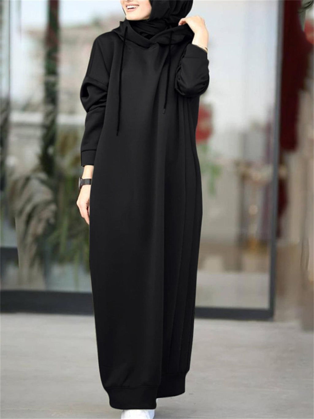 Women Baggy Middle East Solid Color Hooded Long Sleeve Drawstring Design Loose Thin Spring Fall Simple All-match Casual Abayas Sweatshirt Dress - Black
