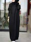 Women Baggy Middle East Solid Color Hooded Long Sleeve Drawstring Design Loose Thin Spring Fall Simple All-match Casual Abayas Sweatshirt Dress - Black