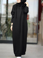 Women Baggy Middle East Solid Color Hooded Long Sleeve Drawstring Design Loose Thin Spring Fall Simple All-match Casual Abayas Sweatshirt Dress - Black