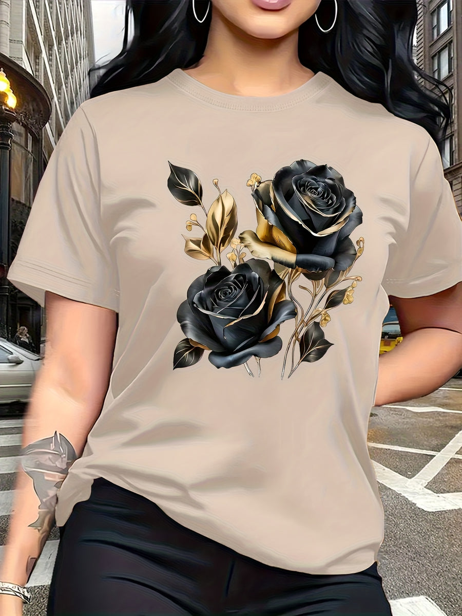 A Stylish And Breathable T-Shirt Featuring a Luxurious Vintage Design with a Black And Golden Rose Pattern, Perfect for Family Trips, Campus Events, Casual, Daily Commutes, Matching Outfits for Sisters, And Versatile Wear - Apricot