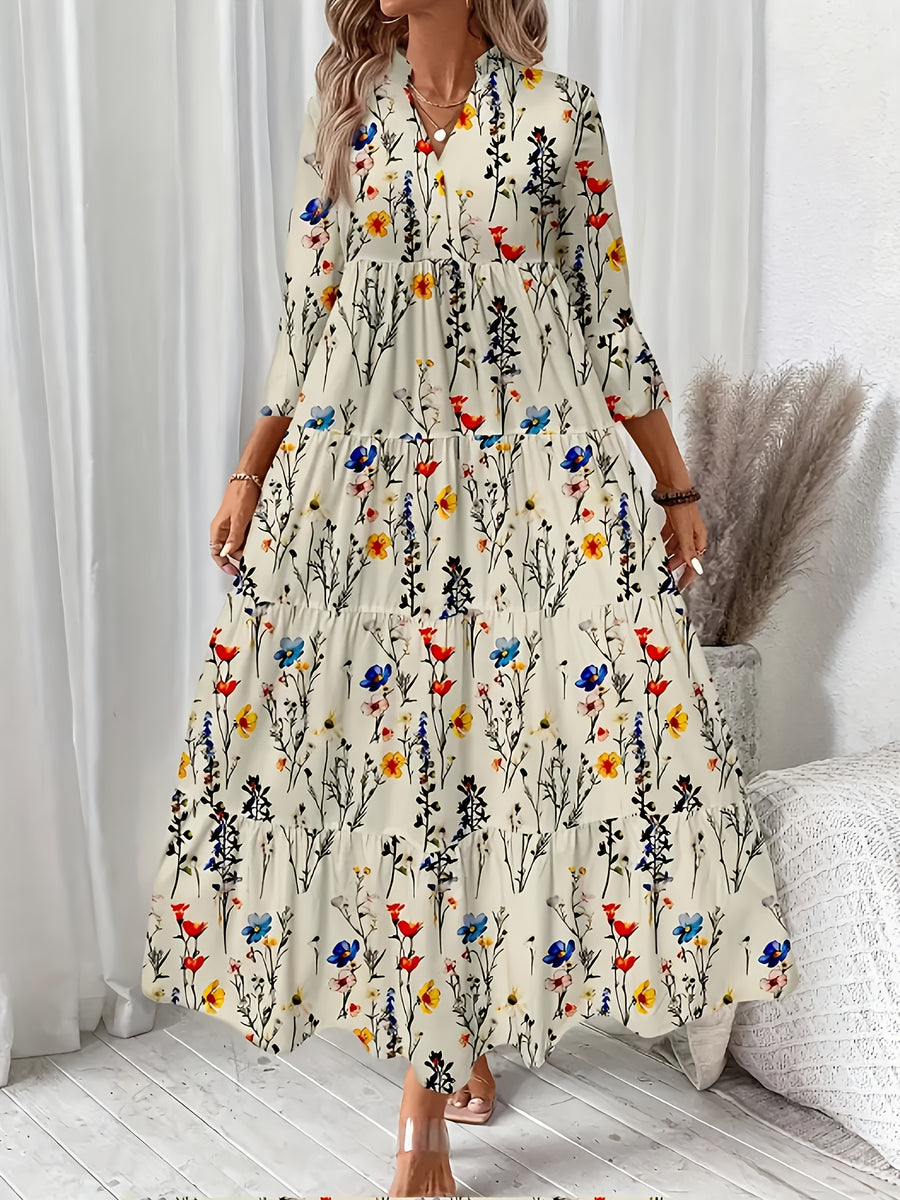 Directional Floral Print V-Neck Pleated Long-Sleeve Dress - Mixed colors