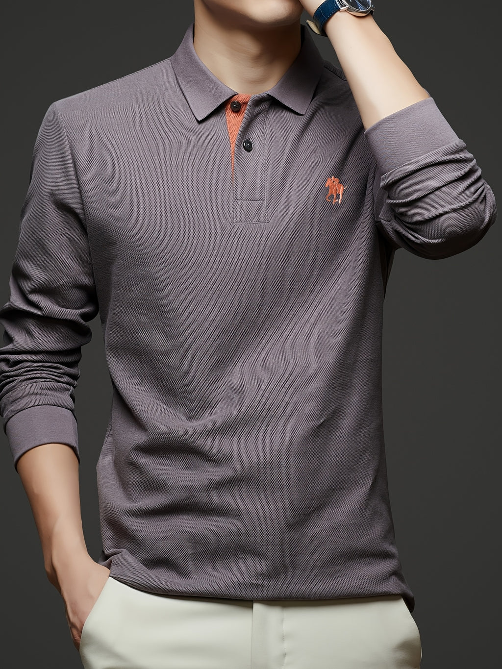 [Saa Xing OBM] 1pc Spring/Autumn New Men'S Polo Shirt, Solid Color Embroidered Half-Button Placket Single-Button Polo Collar Long Sleeve Men'S Fashion Versatile Pullover Base Layer Top, Classic Design, Suitable for Spring, Autumn, Wear - Gray Purple