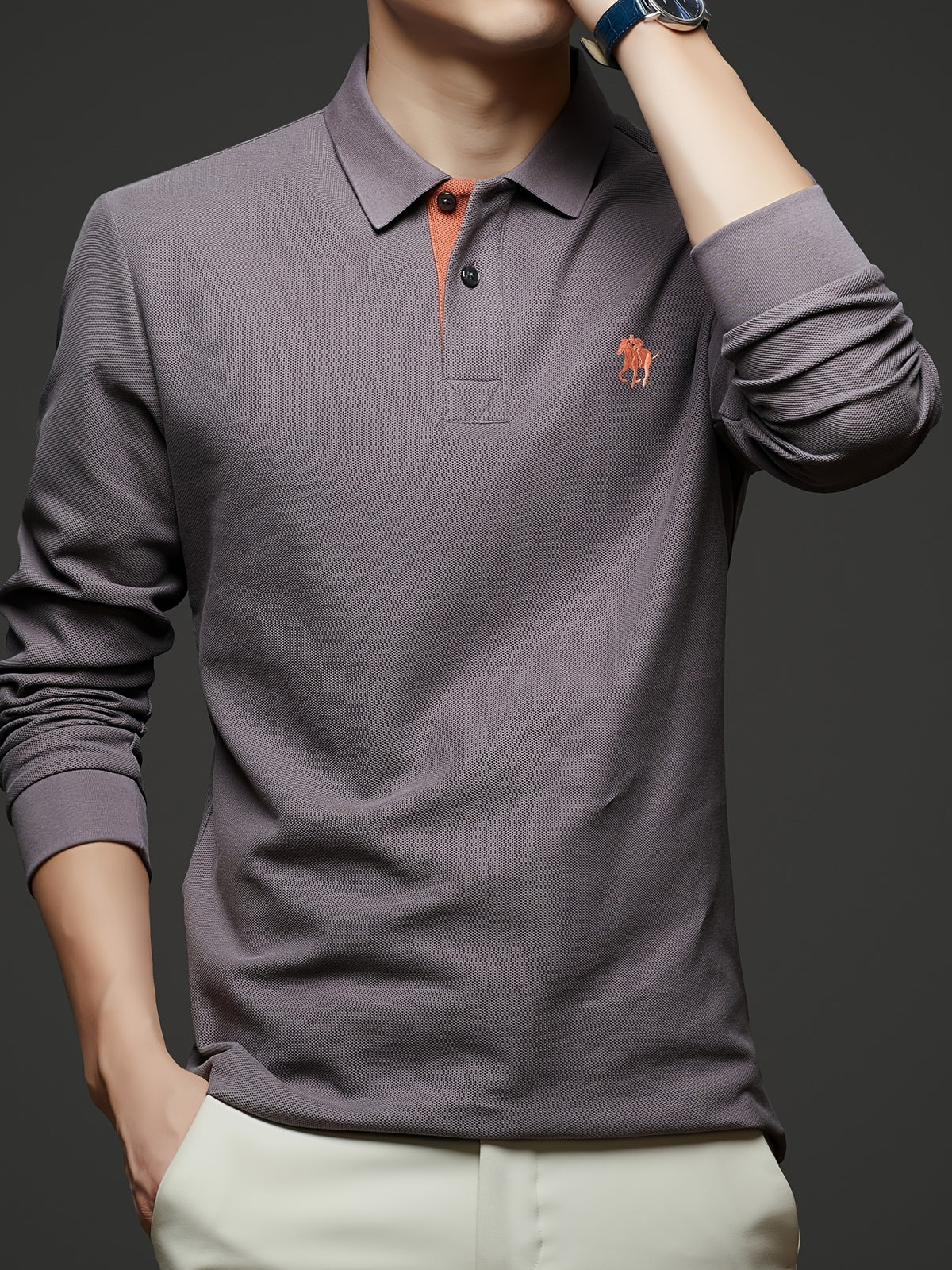 [Saa Xing OBM] 1pc Spring/Autumn New Men'S Polo Shirt, Solid Color Embroidered Half-Button Placket Single-Button Polo Collar Long Sleeve Men'S Fashion Versatile Pullover Base Layer Top, Classic Design, Suitable for Spring, Autumn, Wear - Gray Purple