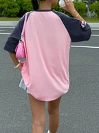 Women'S Striped Contrast Off-Shoulder Loose Casual Round Neck T-Shirt, Summer - Bright Pink Color