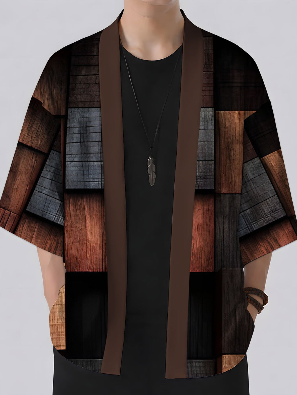 New Summer Men's Kimono Cardigan, Loose Fit Casual Trendy Thin Cape Outerwear, Men's Vacation Style, Digital Print Versatile Vintage Dark Brown Wooden Block Pattern - Mixed colors
