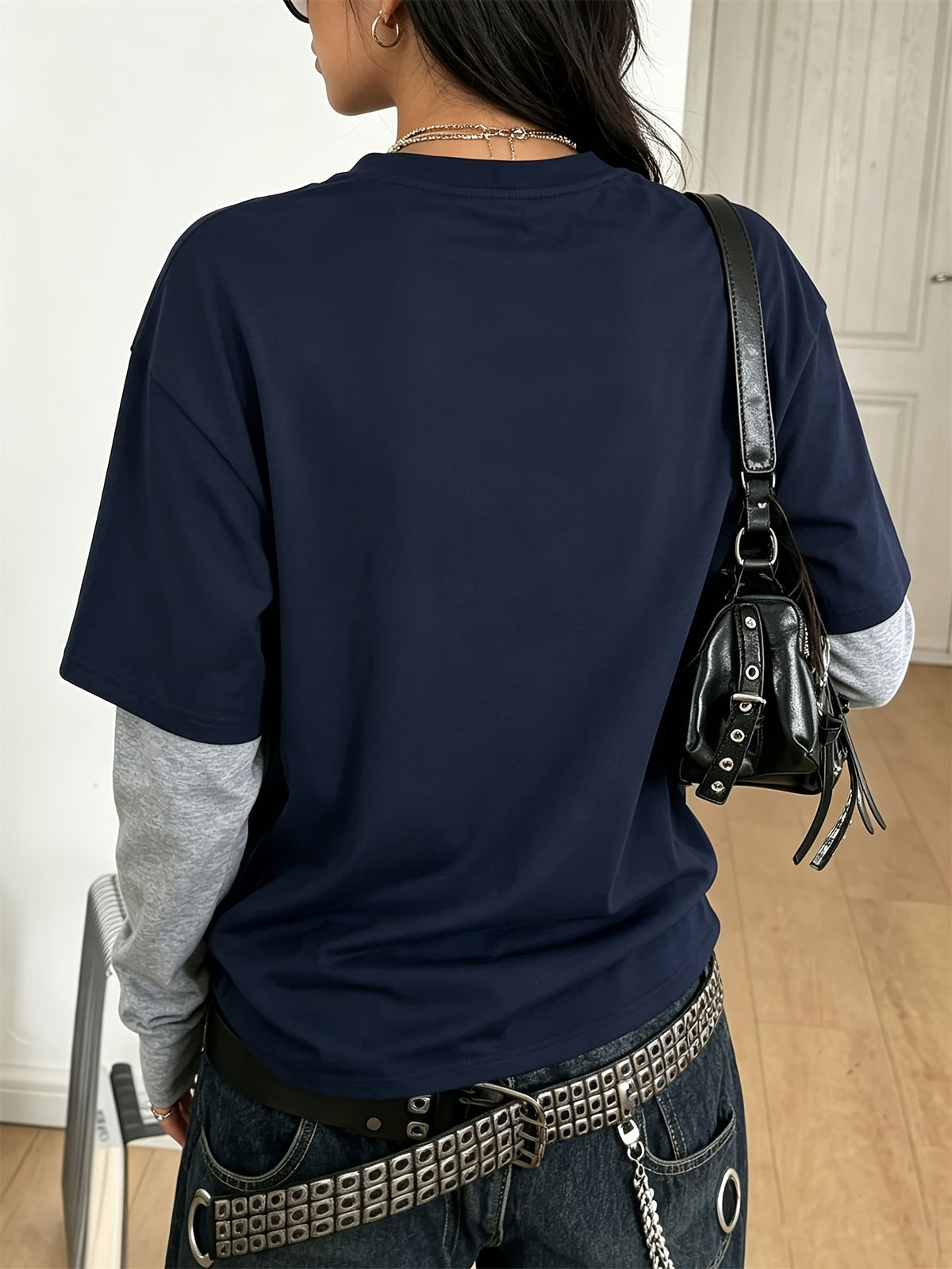 Women'S Spring Autumn Casual Printed Patchwork Loose Round Neck Long Sleeve - Navy Color