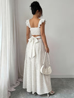 Elegant Casual Vacation Square Neck Lotus Dancing Sleeve Polka Dot Printed Textured Checkered Chiffon Fabric Back Tie Pleated Full Skirt Spring Summer Red Women'S Dress Summer Summer Women'S Long Skirt Vacation Dress Women'S Polka Dot Dress Elegant - White
