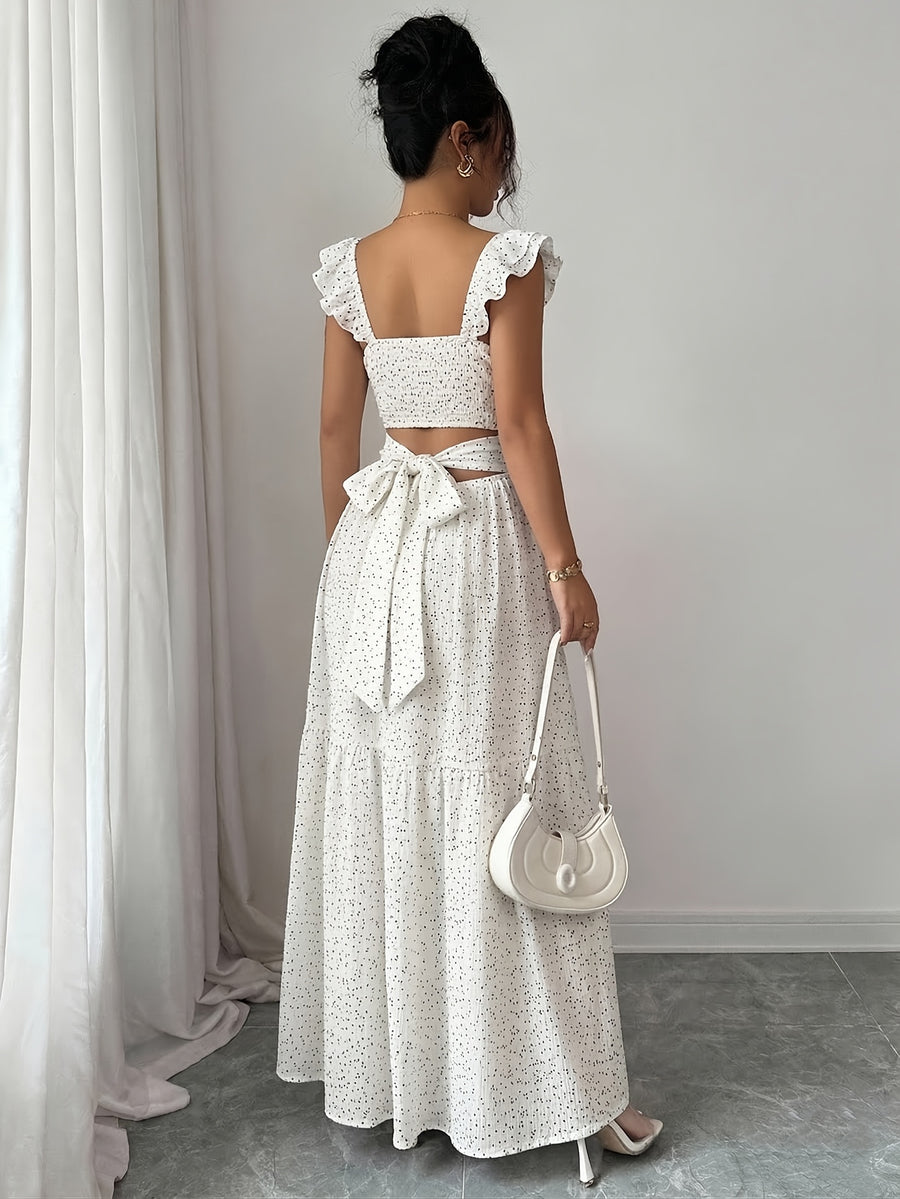 Elegant Casual Vacation Square Neck Lotus Dancing Sleeve Polka Dot Printed Textured Checkered Chiffon Fabric Back Tie Pleated Full Skirt Spring Summer Red Women'S Dress Summer Summer Women'S Long Skirt Vacation Dress Women'S Polka Dot Dress Elegant - White