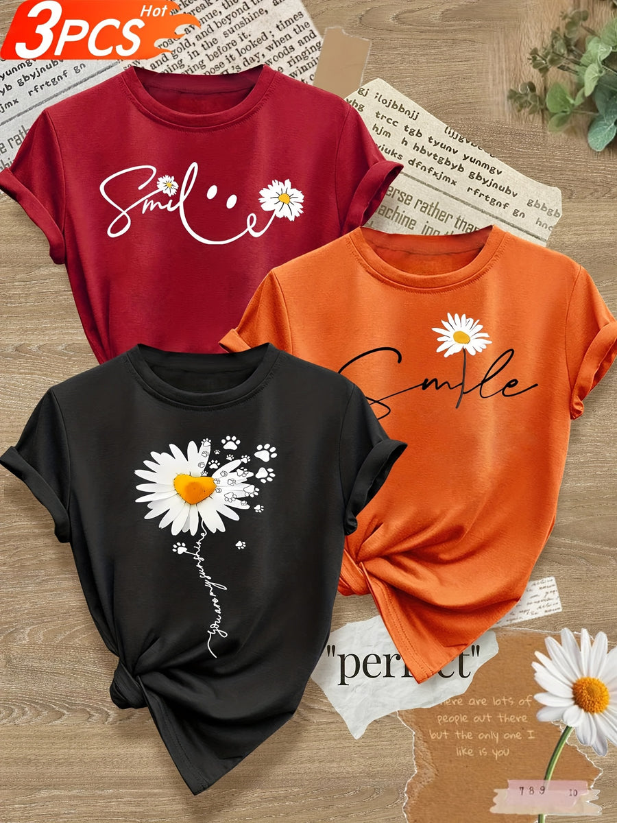 Smiling Letter Small Flower Series 3pcs Mixed Pack, Family Pack, Sisters Pack, Printed Fashion Vintage Style Women's Summer Casual Sporty Style Round Neck Short Sleeve T-Shirt, Multiple Colors Available, Sizes S-XXL - Red, orange, black