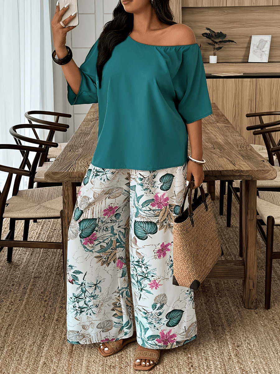 European and American Style Women's Elegant 2pcs Set: Solid Color Off-Shoulder Loose Pullover Paired with Floral Print Pants,, Comfortable, Versatile for Commuting and Vacation, Fashionable Set - Dark Cyan