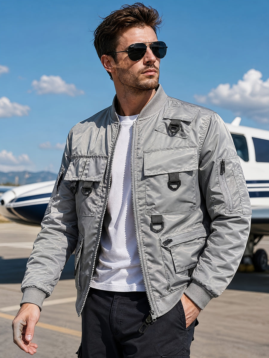 Men's Functional Style Baseball Collar Workwear Jacket, Trendy Multi-Pocket Design, Vintage Pilot Jacket Style, Suitable for Spring and Autumn, Daily Outings, and Outdoor Commuting Workwear Jacket - Grey