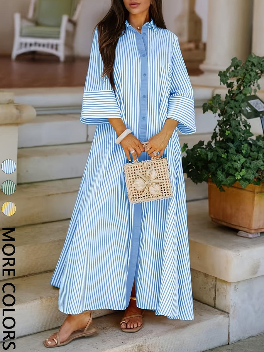 Women's Shirt Long Cape Long Elegant Striped Shirt - Sky Blue