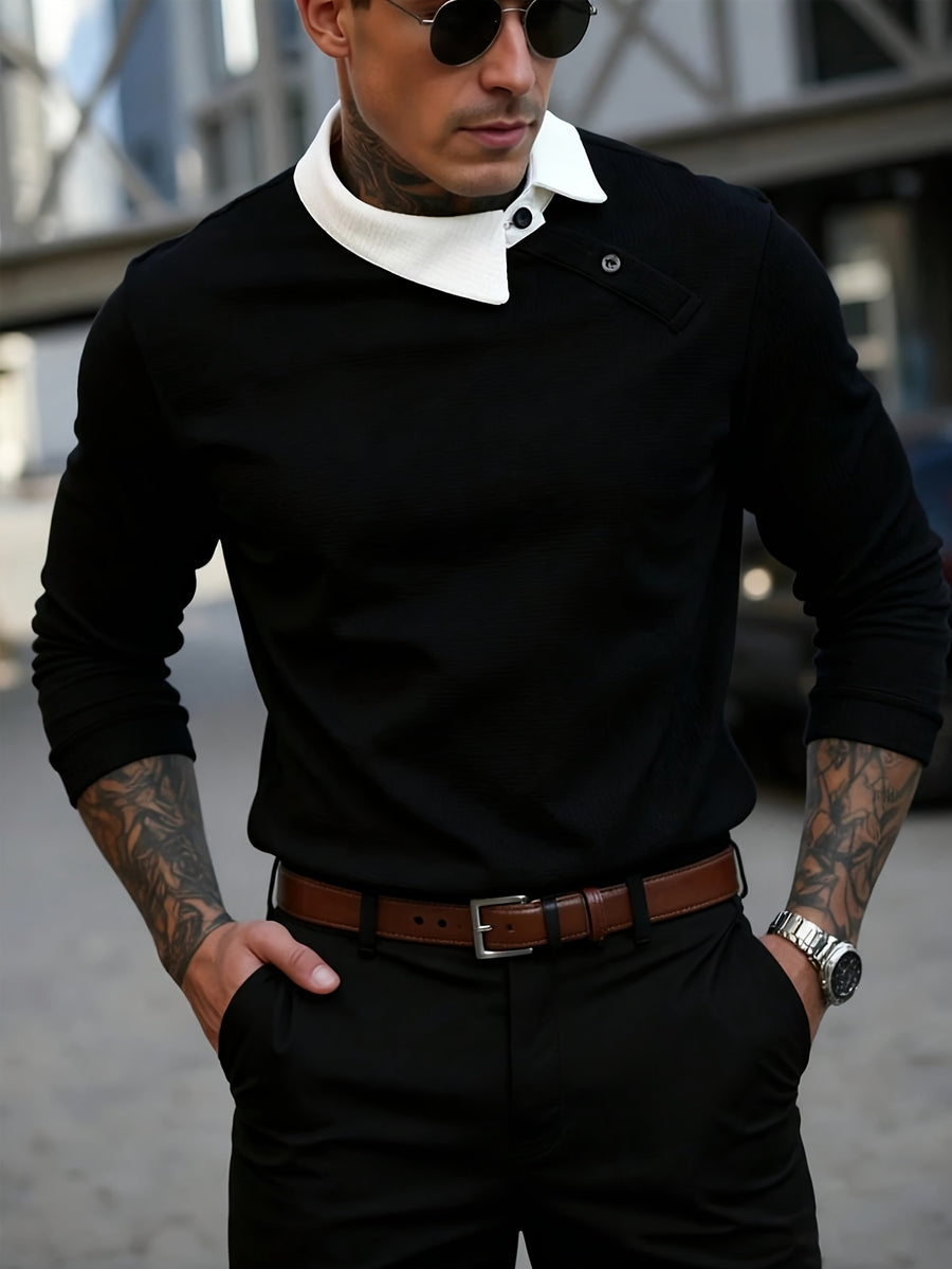 Men'S Contrast Color Long Sleeve Casual Commuter Polo Shirt, Men'S Casual Top Knit T-Shirt, POLO Shirt Cross-Design for Daily Leisure, Weekend Outings, Outdoor Activities, Travel And Adventure, Relaxed Work Environment, Or Semi-Formal Occasions - Black