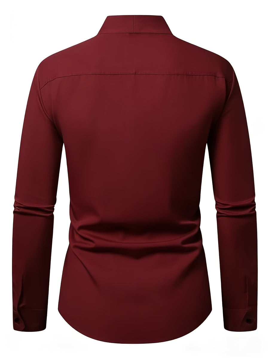 Men'S Solid Color V-Neck Shirt Casual Business Formal Shirt Slim Fit Long-Sleeved Social Party Shirt, Soft And Skin-Friendly Fabric, Suitable for Wearing in All 4 Seasons, Autumn, Stretchy, Office, Button - Burgundy