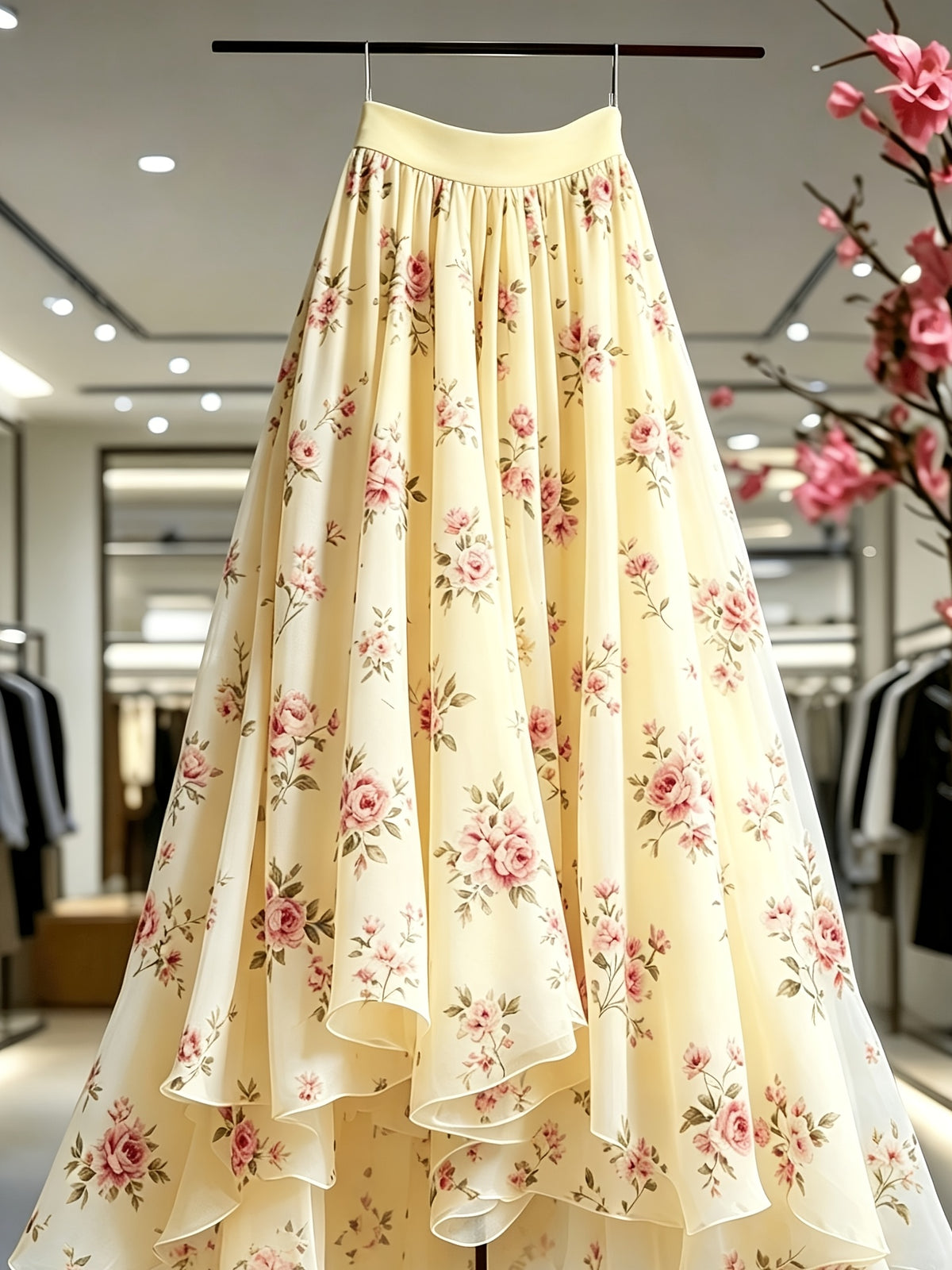 Women'S Lace Mesh Printed Half Skirt, Casual Flared Mesh Skirt - 【Light Yellow】