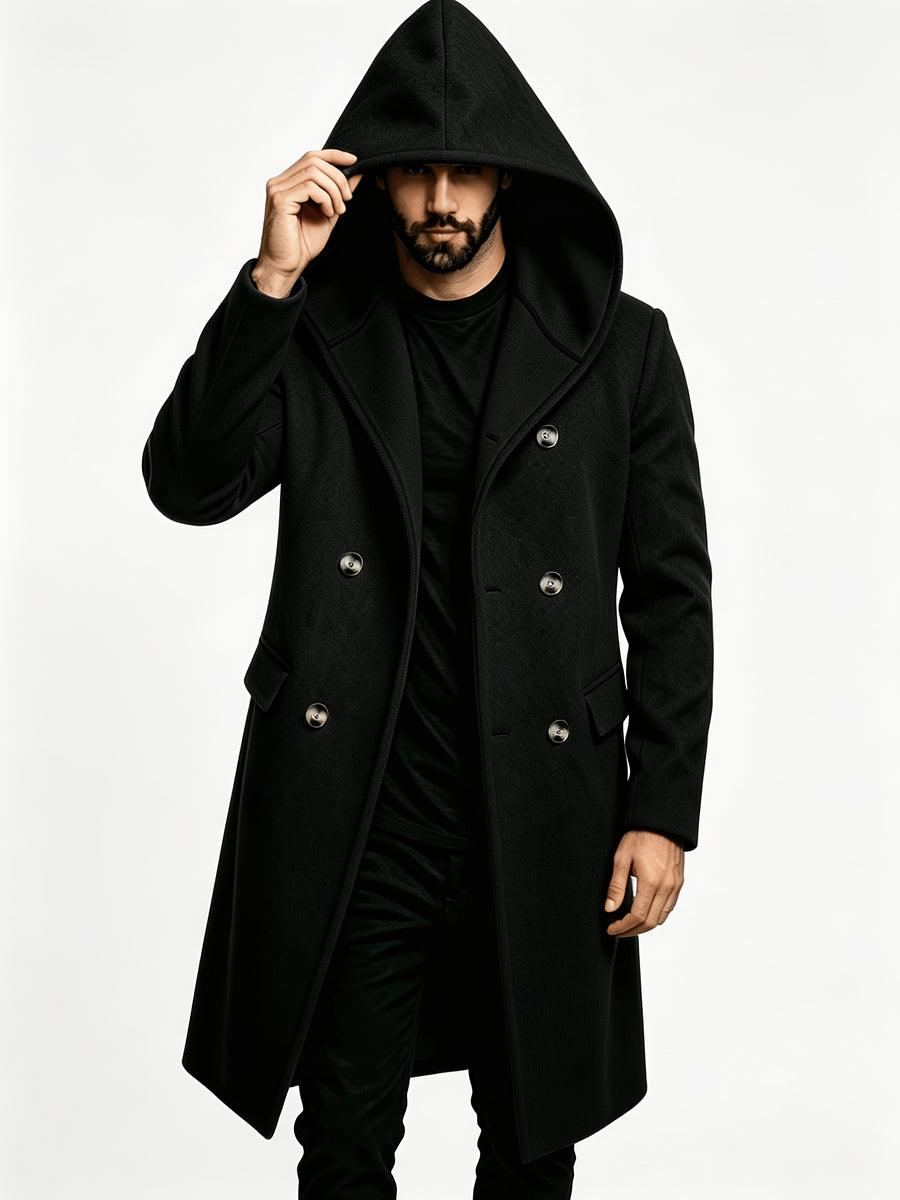 Men's Hooded Double-Breasted Blended Tweed Overcoat, Casual Mid-Length Pointed Hood Jacket, Solid Color Winter Outerwear - Black
