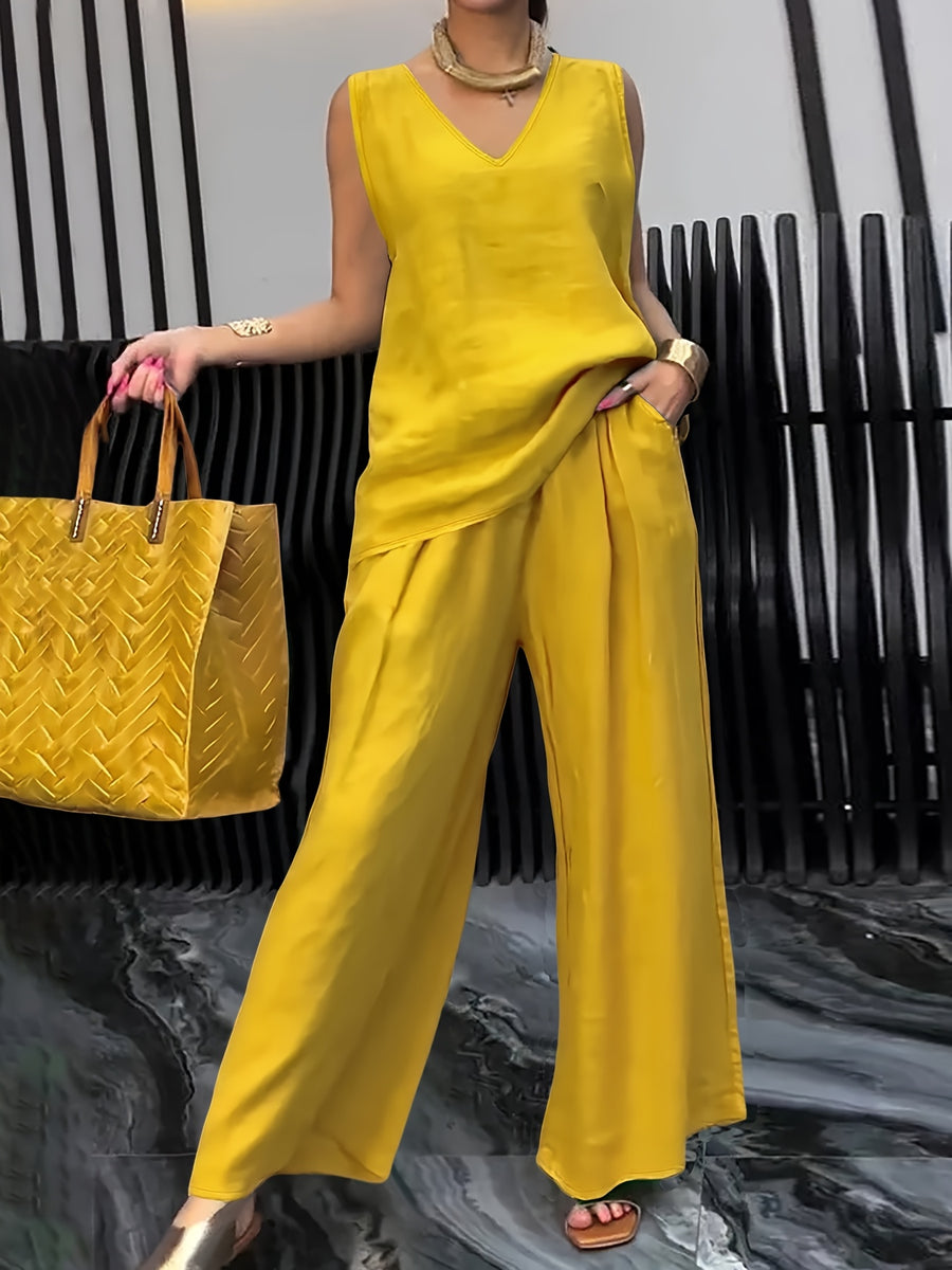 Women's Casual 2pcs Set Solid Color Loose Sleeveless V-Neck Tank Top + Wide-Leg Pants - ginger-colored