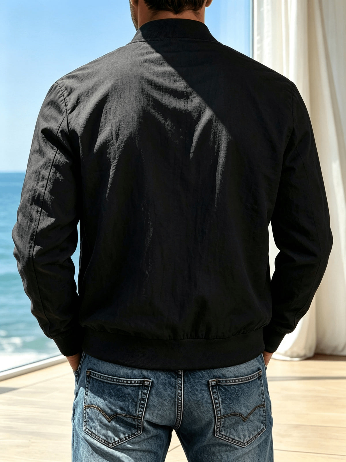 Spring Summer Linen Washed Pleated Baseball Collar Jacket Men'S MILANO Letter Print Thin Breathable Coat Middle-Aged Dad Loose Zipper Cardigan Multi-Color Versatile Commute Casual Outerwear Baseball Uniform Top, Transitional Bomber Jacket - Black