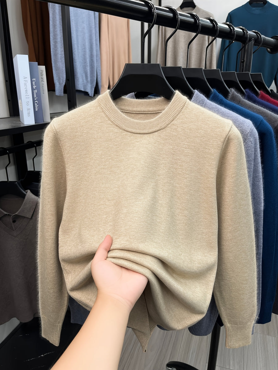 [Wading Whale OBM] 1pc Spring/Autumn New Men'S Knit Pullover Sweater, Old Money Style Solid Color Striped Round Neck Long Sleeve Knit Pullover for Men, Business Casual Fashion Striped Sweater, Suitable for Spring, Autumn - Khaki