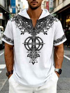 Men's Tree of Life Hooded T-Shirt - European & American Streetwear Style Short-Sleeve Top with Hood, Tree of Life Print, Machine Washable Regular Fit Casual Shirt Suitable for Casual Attire, Brand Label - White
