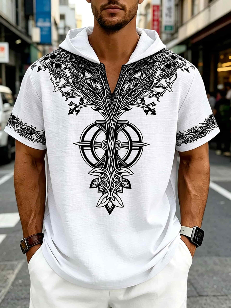 Men's Tree of Life Hooded T-Shirt - European & American Streetwear Style Short-Sleeve Top with Hood, Tree of Life Print, Machine Washable Regular Fit Casual Shirt Suitable for Casual Attire, Brand Label - White