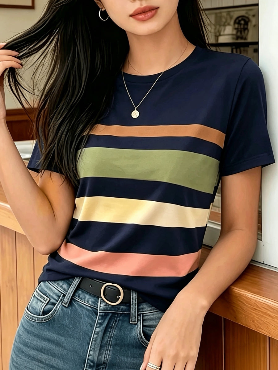 [Printed Design Texture] Women'S Korean-Style Blogger'S Colorful Striped T-Shirt, a Versatile Basic Short-Sleeve Top That Flatters The Figure And Is Suitable for All Body Types, a New Summer 2026 Model for Commuting And Casual Wear - Mixed Color 4