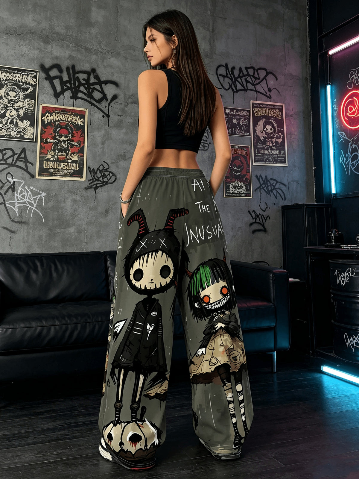 Women'S Digital Print Spring Summer Autumn Retro Horror Doll Cartoon Printed Women'S Trousers, Punk Y2K Subculture Loose Drapey Wide-Leg Pants - Dark Gray