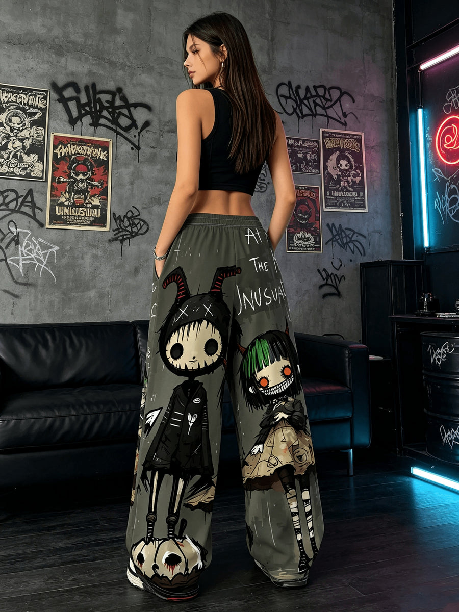Women'S Digital Print Spring Summer Autumn Retro Horror Doll Cartoon Printed Women'S Trousers, Punk Y2K Subculture Loose Drapey Wide-Leg Pants - Dark Gray