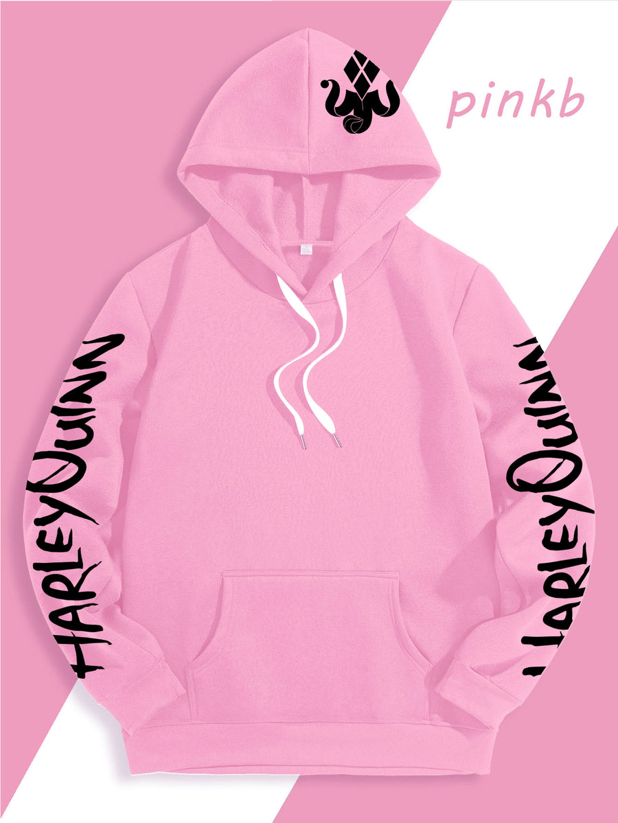 Warner Official Men'S Hoodie, Black And White Thread Draft Double Ponytail Quinn Hardcore Comic Print Design, Machine Washable, Warm And Casual for Autumn And Winter, Daily Drawstring Hoodie, Multi-Functional Sports And Leisure Loose Fit - Pink Color