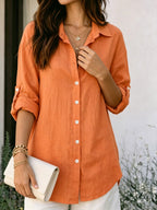 YYTT Women's Elegant Lapel Long-Sleeve Shirt, Loose Drop-Shoulder Relaxed Straight Cut, Lightweight Breathable Skin-Friendly Fabric, Versatile Shirt for Vacation and Commuting, Roll-Up Sleeves to Slim and Conceal Arms, Relaxed Lazy Artistic Vacation - Orange-Red