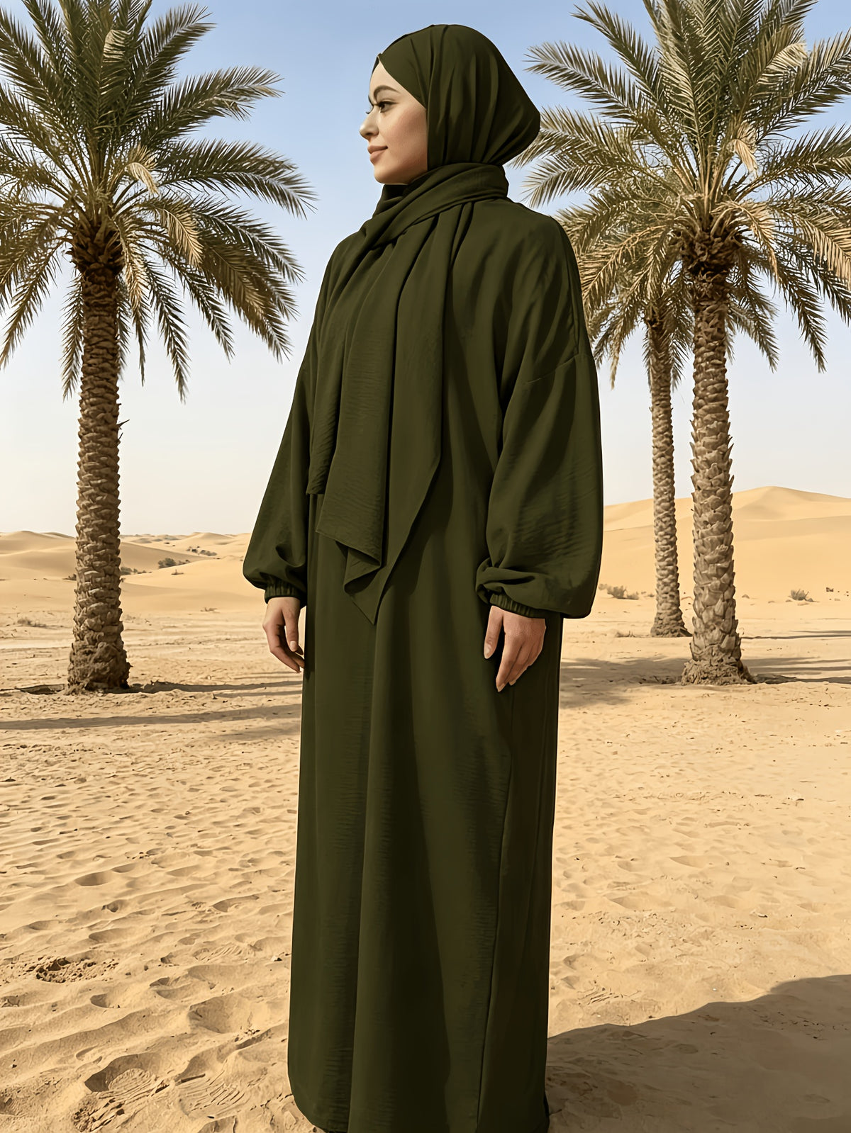 1pc And Abaya One-Piece Dress, Prayer Jilbab Fashionable, Elegant And Casual Solid-Colored Puff Sleeve Suitable for Daily Wear. Loose And Comfortable Women'S Abaya Robe - Olive Green