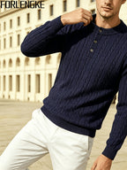 FORLENGKE Men's Stretchable Henley Sweater Button-Front Collar Pullover - Solid Color Cable Knit Sweater Suitable for Work & Gatherings, Winter Warmth, Casual Round Neck Button Detail Knitwear for Young Men, Dry Cleanable - Shangqing