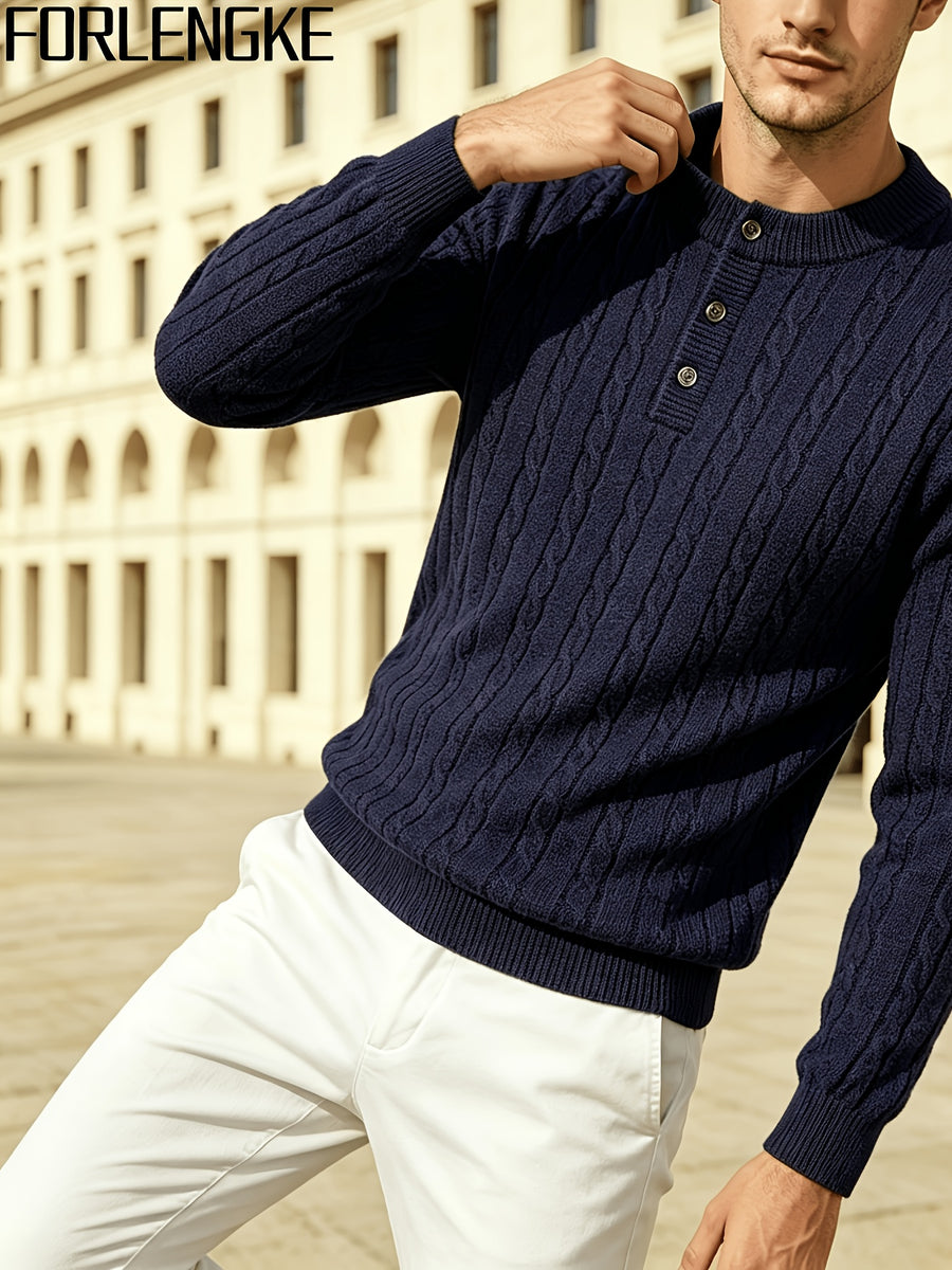 FORLENGKE Men's Stretchable Henley Sweater Button-Front Collar Pullover - Solid Color Cable Knit Sweater Suitable for Work & Gatherings, Winter Warmth, Casual Round Neck Button Detail Knitwear for Young Men, Dry Cleanable - Shangqing