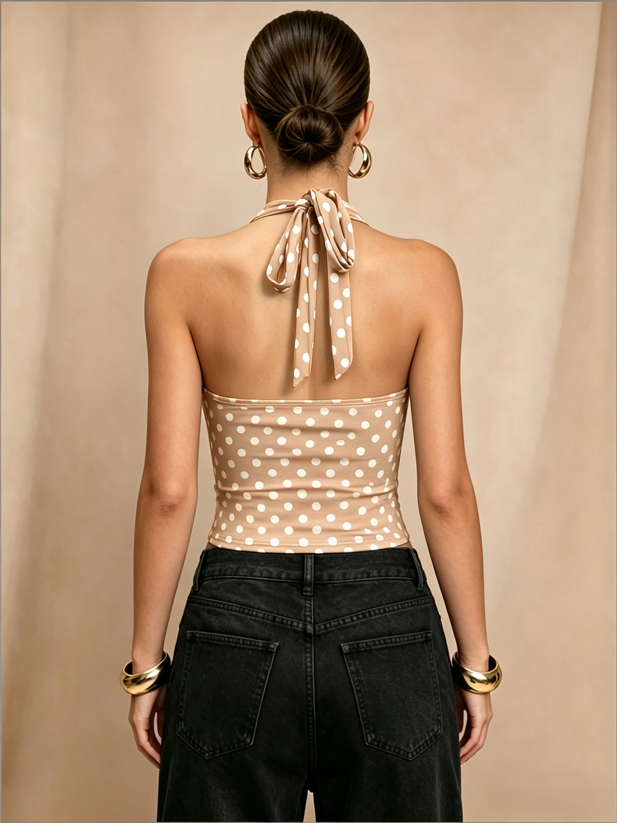 European and American Women's Summer Polka Dot V-Neck Halter Neck Backless Cropped Camisole Top - Khaki