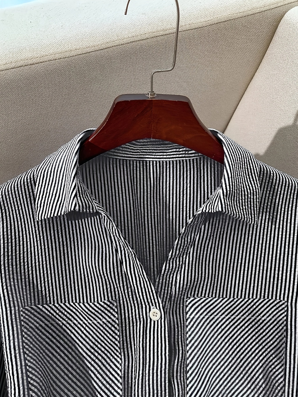 Women'S Fashion Commuter Casual Lapel A-Line Striped Dress, Suitable for Daily Office Wear - Black