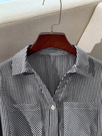 Women'S Fashion Commuter Casual Lapel A-Line Striped Dress, Suitable for Daily Office Wear - Black