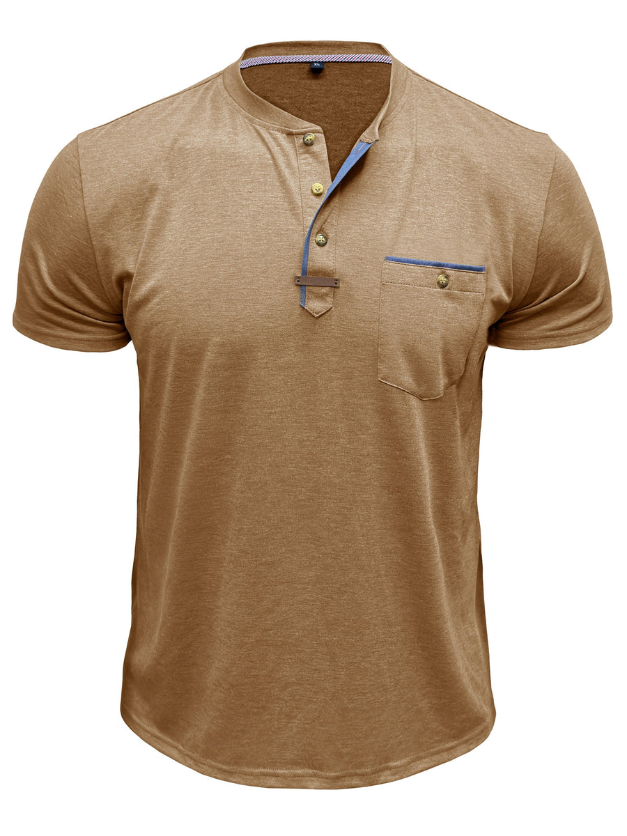 Men'S Solid Color Short Sleeve Henley Neck T-Shirt, Fashionable Summer Men'S Wear Casual Round Neck Top - Khaki