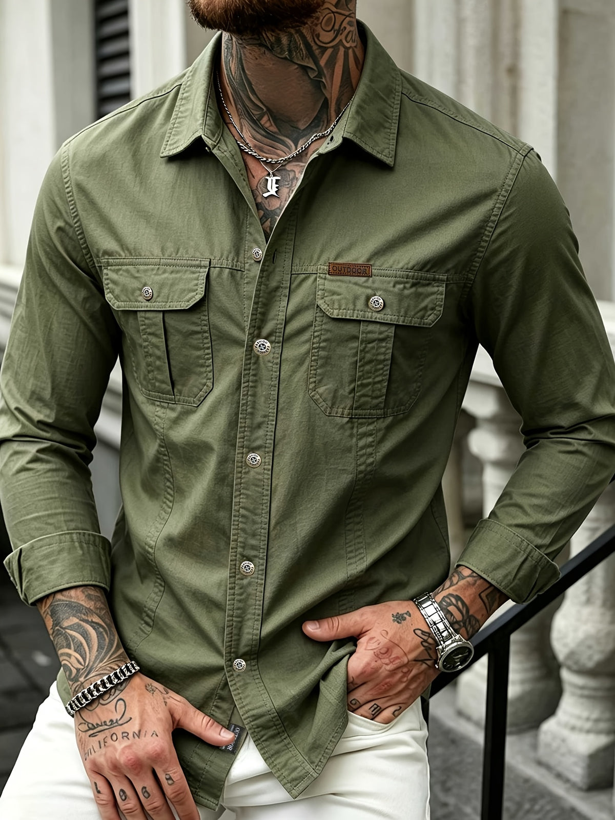 Men'S Autumn/Winter Casual Long-Sleeve Shirt, Quick-Dry Top T-Shirt, Fashionable And Versatile Men'S Clothing, Suitable for Daily Work, Shopping, Travel, Vacation, Or Leisure Activities. It Can Also Be Given As a Gift to Others - Olive Green