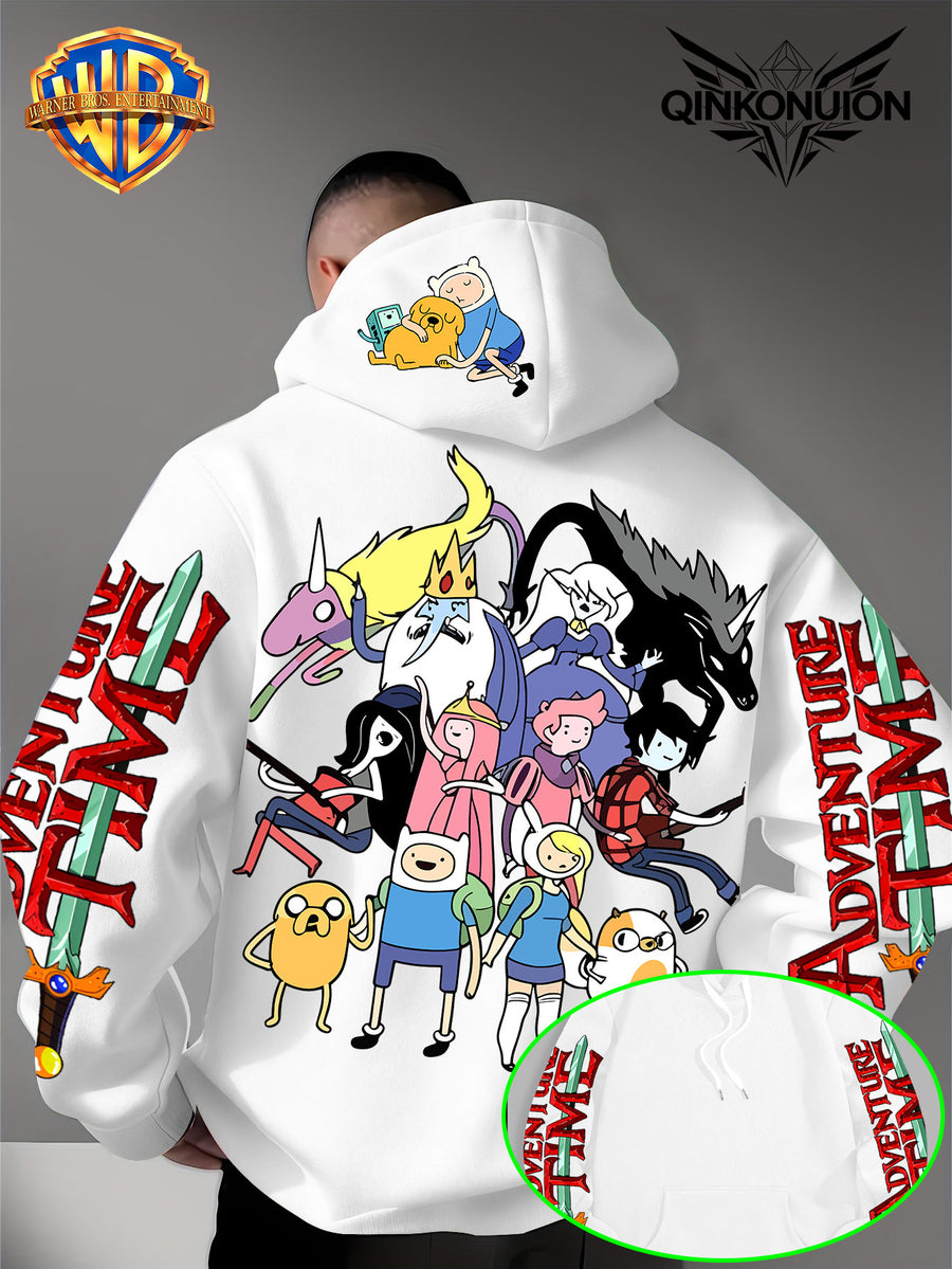 Warner Official Men's Hoodie, Adventure Treasure Full Character Gathering Adventure Print Design, Machine Washable, Warm and Casual for Autumn and Winter, Daily Drawstring Hoodie, Multifunctional Sports and Casual Loose Fit - White